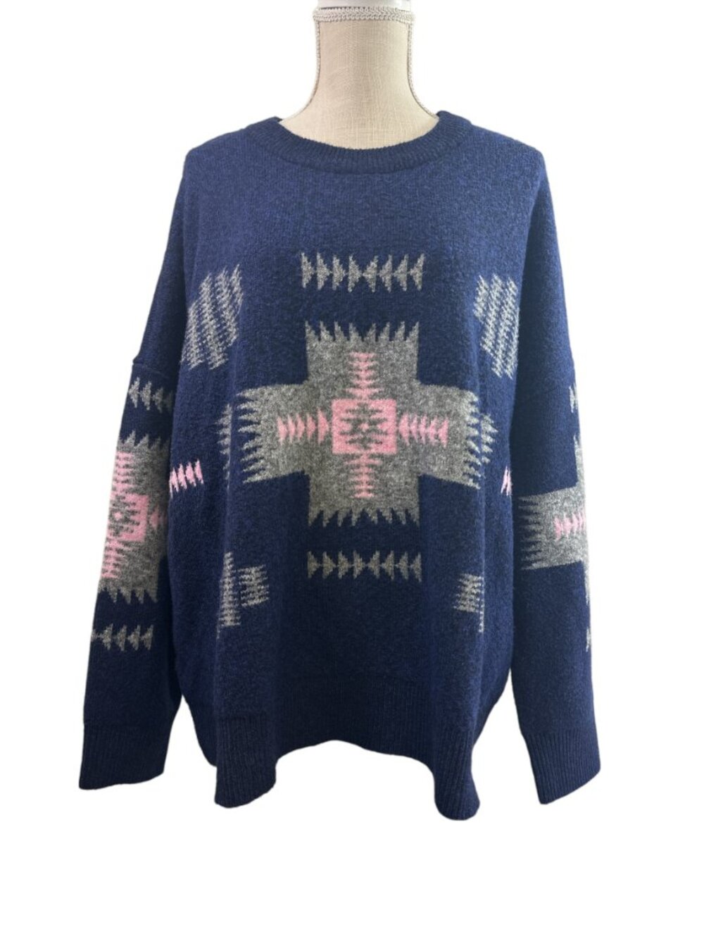 Eddie Bauer Sweater Womens 2XL Blue Crew Neck Pullover Southwest Geometric Print